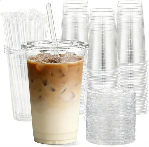 Miniatura 13 de 100 juegos de vasos de plástico transparente de 16 onzas con tapas y pajitas, BPA libre y a prueba de fugas, vasos desechables de plástico para café