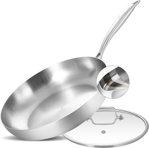 LOLYKITCH Sartén de acero inoxidable de tres capas de 12 pulgadas con tapa, sartén, sartén de inducción, apta para horno y mango desmontable