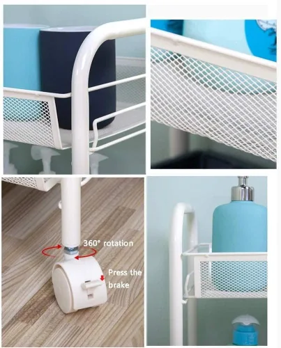 Miniatura 4 de POCHY Carrito de servicio de 3 niveles de acero al carbono, carrito de almacenamiento móvil con ruedas, mesa auxiliar moderna, carrito de bebidas