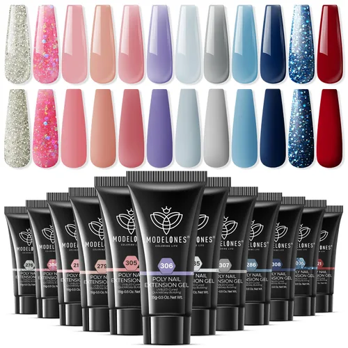 modelones Kit de gel de extensión de polivinílico de 12 colores, juego de uñas de poliéster para todas las estaciones, colores nude, rosa, azul,