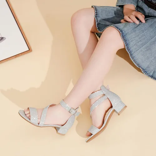 Miniatura 2 de Sandalias para niñas, tacones para niños, puntera abierta, correa al tobillo, zapatos de vestir, flores para boda, fiesta para niños pequeños