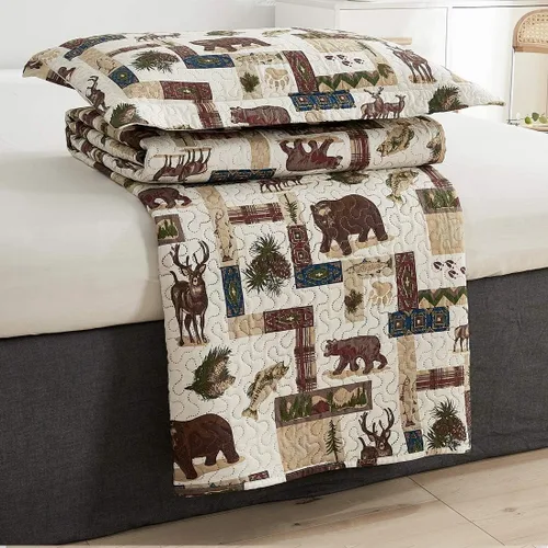 Miniatura 7 de Juego de edredón rústico de alce tamaño matrimonial/queen, colcha estilo lodge ligera de verano para cabaña, ropa de cama de campo, oso del bosque