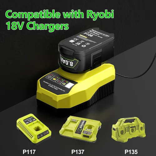 Miniatura 3 de Paquete de 2 baterías de repuesto de 8.0Ah para batería Ryobi de 18 V con cargador P117 de litio compatible con Ryobi 18 voltios ONE+ Plus P102 P103
