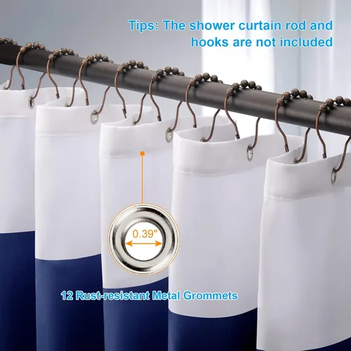 Miniatura 3 de AmazerBath - Cortina de ducha azul marino con rayas, 72" x 72" de azul y blanco, cortinas de ducha de tela para baño con 2 piedras pesadas
