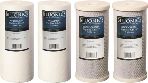 BLUONICS Filtros de agua de repuesto para bloques de sedimentos y carbono, 4 piezas (5 micrones) cartuchos de 4.5 x 10 pulgadas para toda la casa