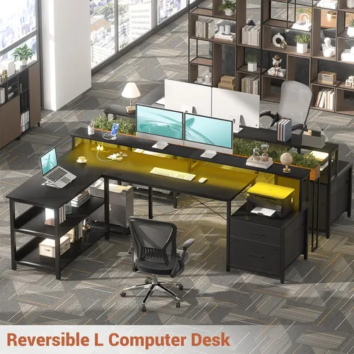 Miniatura 6 de Aheaplus Escritorio en forma de L con cajón de archivos, escritorio reversible en forma de L para computadora de 72.8" con toma de corriente