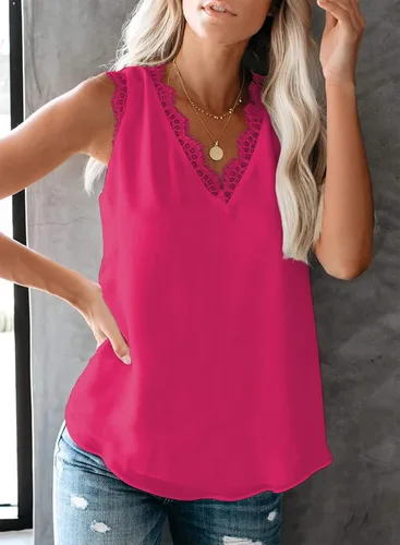 Miniatura 186 de VIISHOW - Camiseta sin mangas, sexy, con cuello en V y bordes de encaje para mujer, camisola de vestir, camisas de gasa, sin mangas, casuales