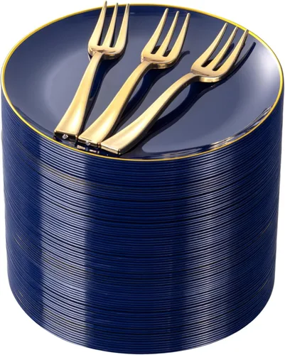 Miniatura 15 de Festiva 200 platos de postre dorados con purpurina de 6.3 pulgadas con tenedores de 5 pulgadas, platos pequeños de plástico para postre, pasteles