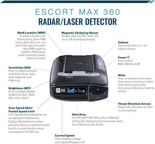 Miniatura 8 de Detector de radar láser Escort MAX 360 - GPS, alertas direccionales, antena dual delantera y trasera, conectividad Bluetooth, alertas de voz
