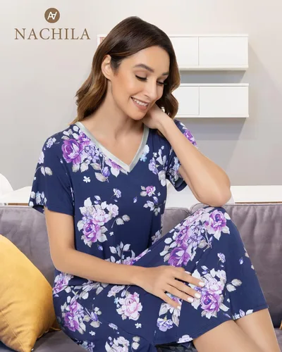 Miniatura 6 de NACHILA Camisones para mujer, cuello en V, manga corta, ropa de dormir fresca, viscosa hecha de bambú S-XXL