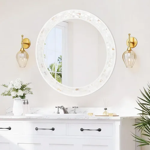 Miniatura 2 de Espejos de mosaico para pared de 24 pulgadas, con incrustaciones de nácar natural, espejo redondo con marco blanco para baño, dormitorio o entrada