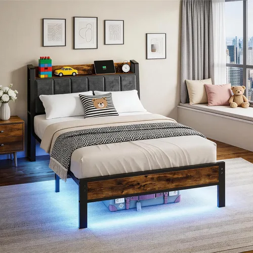 Miniatura 7 de Base de cama de tamaño individual con cabecera de almacenamiento y estación de carga, luces LED RGB inteligentes, cama de plataforma de metal