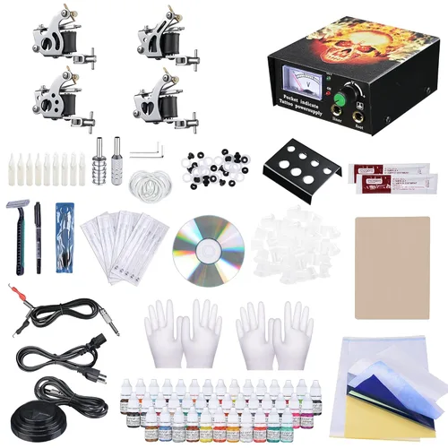 AW Kit de tatuaje completo, 4 máquinas, 40 tintas, fuente de alimentación, pistola de 10 vueltas, interruptor de pie de punta de agarre de aguja
