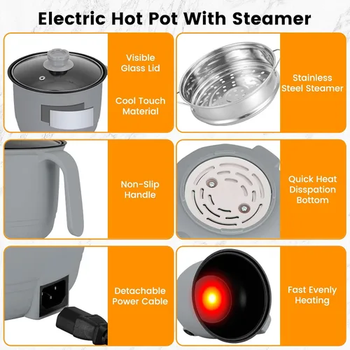 Miniatura 6 de Olla eléctrica caliente con vaporizador, cocina rápida de ramen, mini olla eléctrica de autocalentamiento portátil de 1.8L para cocinar fideos, Gris