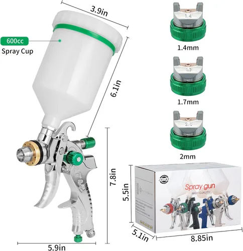 Miniatura 5 de HVLP Pistola de pulverización de aire de alimentación por gravedad, kits profesionales de pintura de aire con 3 boquillas de 1.4/1.7/0.079 in y Verde