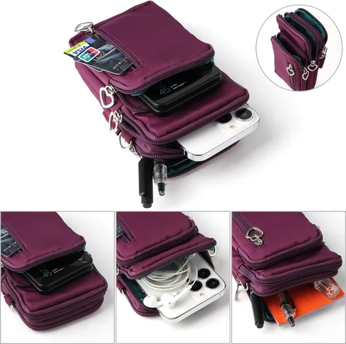 Miniatura 3 de Bolso cruzado de nailon para mujer para viaje, bolso de hombro para teléfono celular con pulsera, brazalete deportivo, cartera para teléfono Púrpura