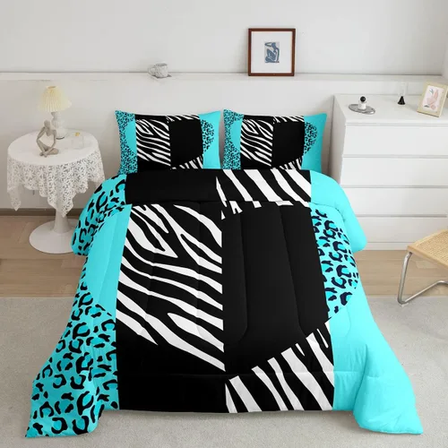 Miniatura 28 de Juego de edredón Manfei Leopardo Rosa Tamaño Individual, Juego de ropa de cama con estampado de cebra negro y blanco 2 piezas para decoración