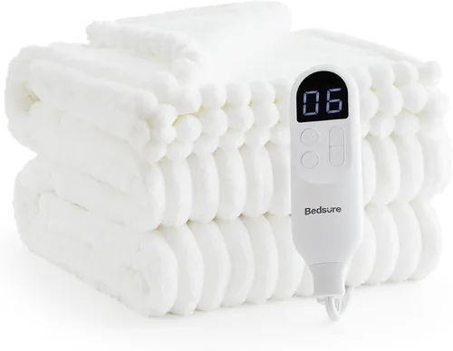 Bedsure Manta eléctrica individual – Manta eléctrica de franela gruesa a rayas, calefacción con 6 ajustes de tiempo (hasta 10 horas), 6 ajustes de