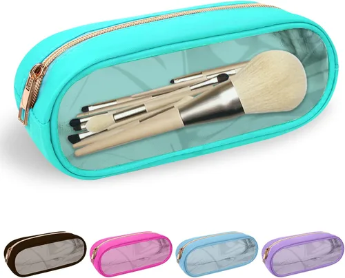 Miniatura 23 de izuzta Bolsa de maquillaje pequeña de nylon para bolso, linda bolsa de cosméticos con cremallera, bolsa de maquillaje preppy, Azul, Mini 2-Azul