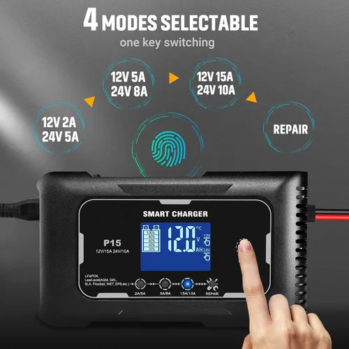 Miniatura 4 de Cargador de batería de automóvil, 12V/24V 15 Amp Cargador de batería para plomo-ácido (AGM/Gel/SLA/EFB) y LiFePO4, cargador inteligente automático