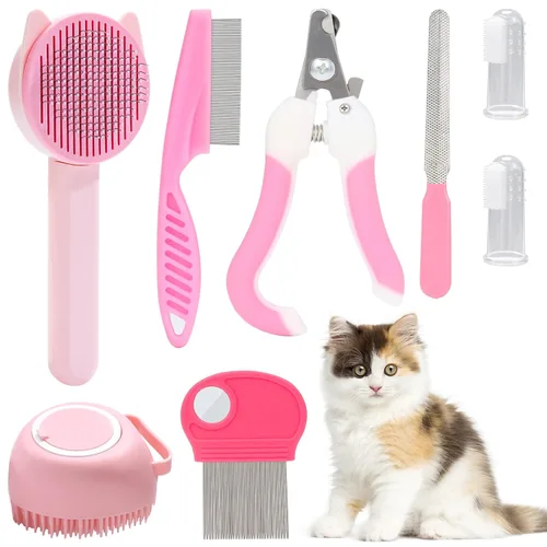 Miniatura 9 de VCZONE Kit de aseo de cepillo para gatos, kit de limpieza automática para mascotas con cortaúñas y lima para mascotas, peine de pulgas, cepillo