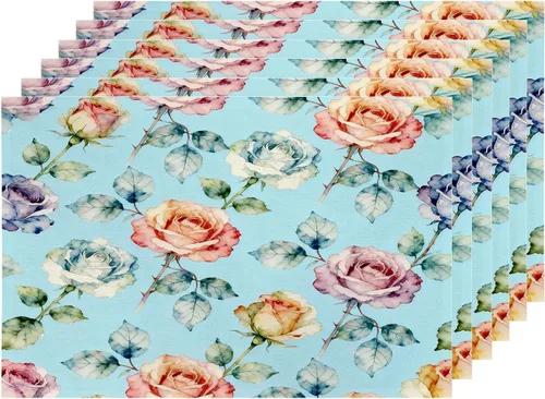 Miniatura 20 de Shrahala Hermosos manteles individuales de flores de rosas, hermosas flores, elegantes manteles de lino de arpillera lavable, aislamiento térmico