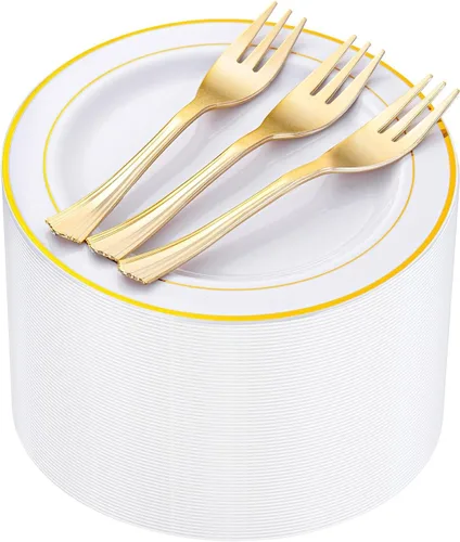 Miniatura 8 de WELLIFE 100 platos de postre de plástico blanco y 100 tenedores desechables dorados, plato duro de postre de alta calidad de 7.5 pulgadas, platos