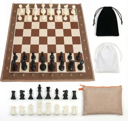 Miniatura 3 de Juego de ajedrez portátil marrón y blanco, alfombra de ajedrez de tela plegable de 19.7 x 19.7 pulgadas con piezas estilo Staunton de 3 pulgadas