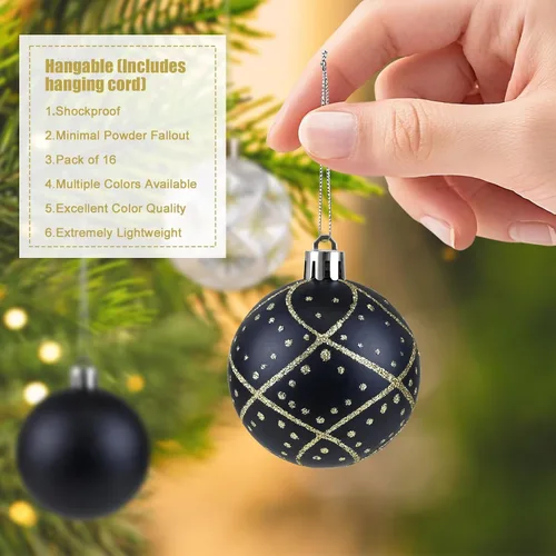 Miniatura 5 de 16 piezas de esferas decorativas de Navidad - Decoraciones para árbol de Navidad de 2.36 pulgadas en negro y dorado, bolas colgantes inastillables