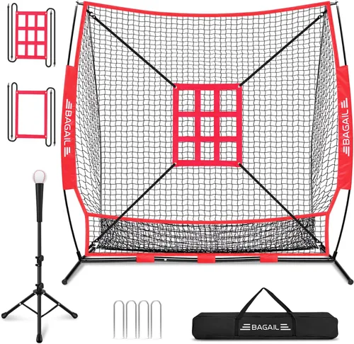 Miniatura 10 de BAGAIL Red de práctica de béisbol y sóftbol de 7 x 7 pies con marco de arco para bateo, golpeo, lanzamiento, equipo de entrenamiento de respaldo