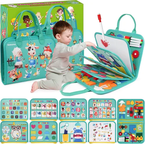 Montessori Busy Board - Juguetes de aprendizaje sensorial para niños pequeños de 3 a 6 años, 10 páginas, 32 actividades, juguetes educativos de