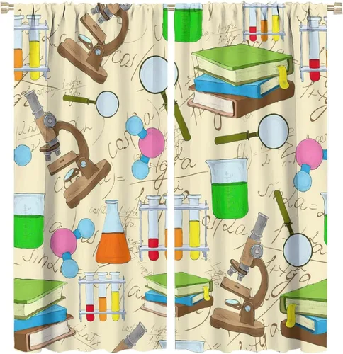 Miniatura 85 de Cortinas opacas para ventanas de ciencia para niños, lupa de libro de laboratorio de ciencia, lupa, frascos moleculares, cortinas impresas
