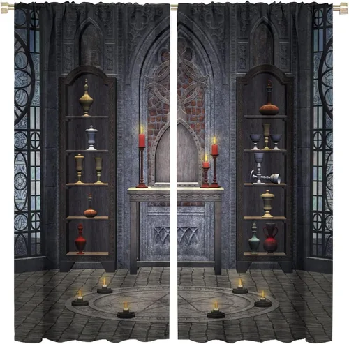 Miniatura 14 de Cortinas góticas con diseño de luna de Halloween, historia, puerta espeluznante, fondo de terror, vela, ficción, patrón de impresión, sala de estar