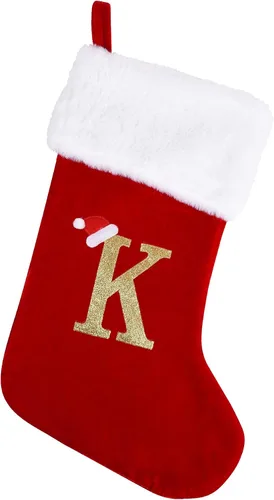 Miniatura 18 de Medias de Navidad con monograma de 20 pulgadas con letras, medias de Navidad grandes súper suaves, terciopelo rojo con puño de felpa blanco súper