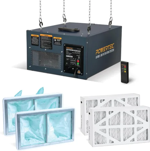 POWERTEC Sistema de filtración de aire de control remoto de 3 velocidades (300/350/400 CFM) con filtro interior y exterior adicional (2 de cada