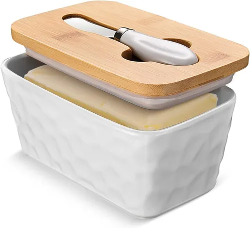 Miniatura 9 de Mantequillera con tapa: plato grande para mantequilla para encimera, recipiente de mantequilla de cerámica con cuchillo doble sello de silicona