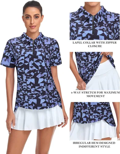 Miniatura 4 de Tanst Sky Polo de golf para mujer, manga corta, con cremallera de un cuarto, absorbe la humedad