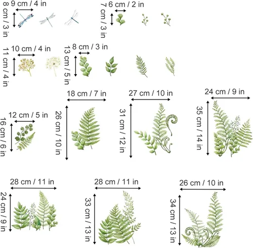 Miniatura 5 de decalmile Calcomanías de esquina de pared con plantas de helecho verde, hojas tropicales, base de libélula y línea de zócalo, pegatinas de pared