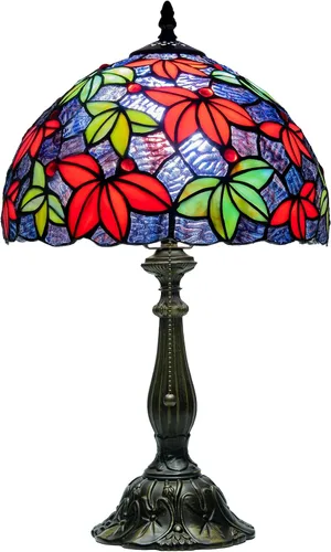 Miniatura 16 de Tiffany Style Stained Glass Table Lamp, Floral Pattern Desk Light with Antique Bronze Resin Base, Red Roses Decorative Lighting for Bedroom, Living