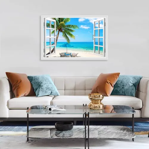 Miniatura 2 de Woxfcart Arte de pared de palmera de playa, imagen de escena del océano con impresiones de ventana para decoración de sala de estar azul y verde