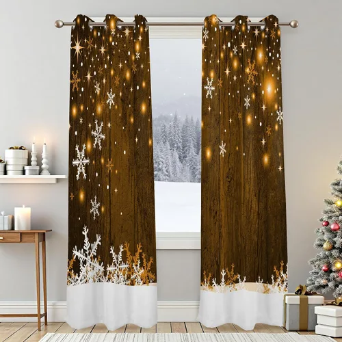 Miniatura 4 de Renaiss Cortinas opacas de Navidad con tablones de madera rústica para dormitorio, con ojales, estampado de copos de nieve navideños, cortinas