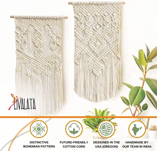 Miniatura 2 de LIVALAYA Decoración tejida de macramé bohemio para colgar en la pared, 24 pulgadas de largo x 13 pulgadas de ancho, juego de 2, decoración de pared