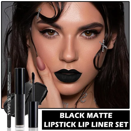 Miniatura 2 de Juego de delineadores de labios negro mate, lápiz labial líquido negro, tinte de labios de alta pigmentación negro y brillo de labios