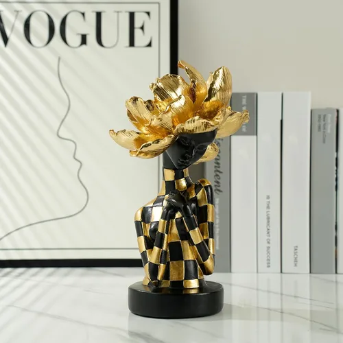 Miniatura 2 de Lescafita Escultura de mujer africana con tocado de flor dorada, figura de resina negra y dorada para decoración del hogar, elegante estatua de dama