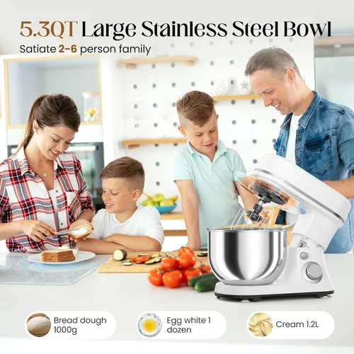 Miniatura 3 de Batidora de pie de 800W con tazón de 5.3QT, 6 velocidades con pulso, batidora eléctrica de cocina, batidora de alimentos con gancho para masa, Blanco