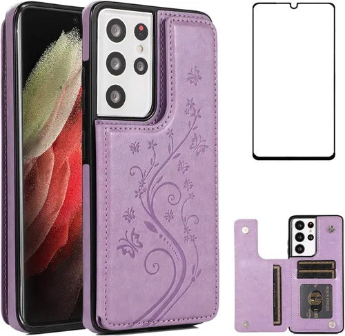Miniatura 8 de Funda de teléfono para Samsung Galaxy S21 Ultra Glaxay S21ultra 5G con protector de pantalla de vidrio templado, tarjetero y cartera con soporte