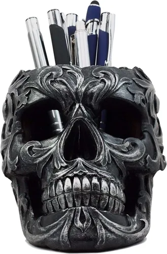 Ebros Gift Tatuaje tribal floral cráneo titular de la pluma figurita 5.75 pulgadas de largo escritorio de oficina Osario Calaveras Decoración Cráneo