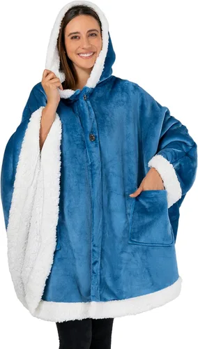 PAVILIA Hooded Blanket Poncho for Women, Sherpa Shawl Wrap with Hood, Cozy Warm Wearable Throw with Pockets, Gift for Mom Azul marino