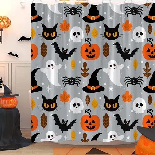 Miniatura 9 de Cortina de ducha azul de Halloween, linda cortina de baño de fantasma, terror, calabaza, espeluznante, gato negro, calavera aterradora, murciélago