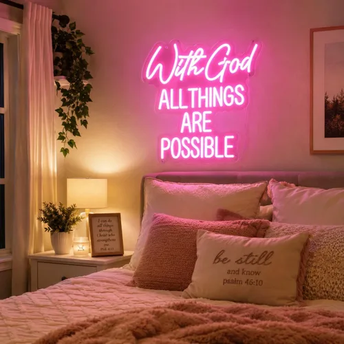 Miniatura 7 de Letrero de neón con texto en inglés "With God All Things Are Possible" para decoración de pared, letrero de neón LED rosa, luz de neón regulable